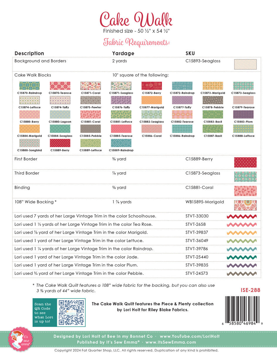It's Sew Emma Cake Walk Quilt Pattern with Lori Holt Pre order Jan 2025 P051-ISE-288
